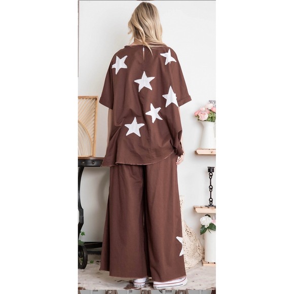 Blue Velvet Chocolate White Star Tunic Top Wide Leg Pants Set Women's Size S - Picture 2 of 8